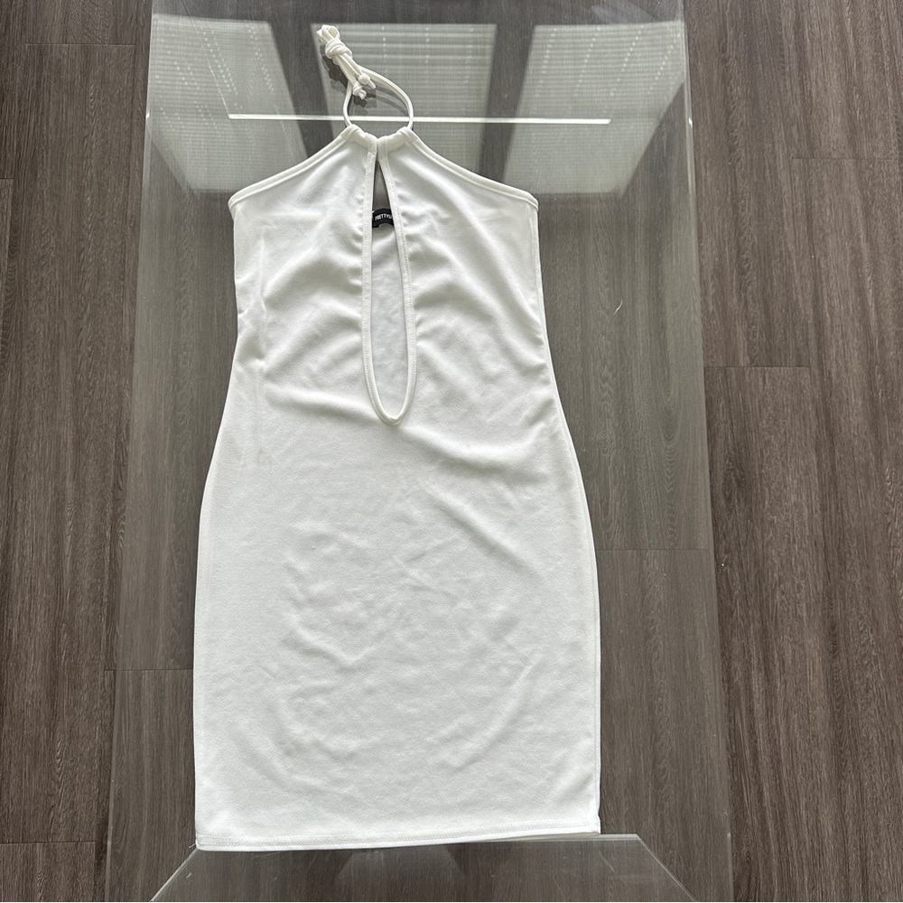 PrettyLittleThing Halter White Extreme Plunge Tie Detail Bodycon Dress Sz 2